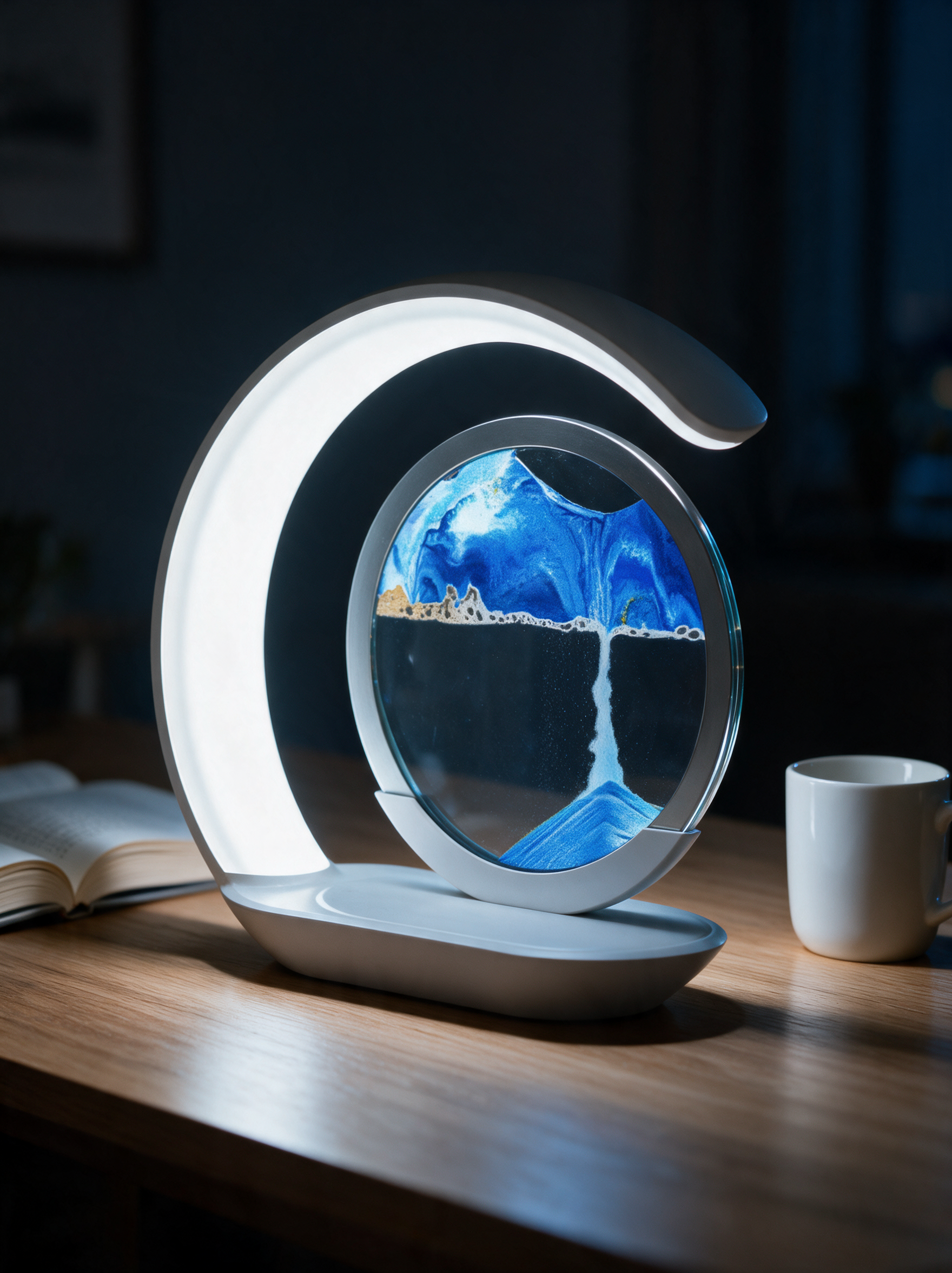 Dune Lamp in cool white light mode on a desk